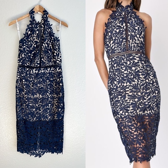 NWOT Divine Destiny Navy Blue Lace Midi Dress - Picture 1 of 11